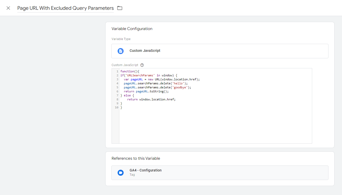 Screenshot of custom JavaScript variable to remove query parameters